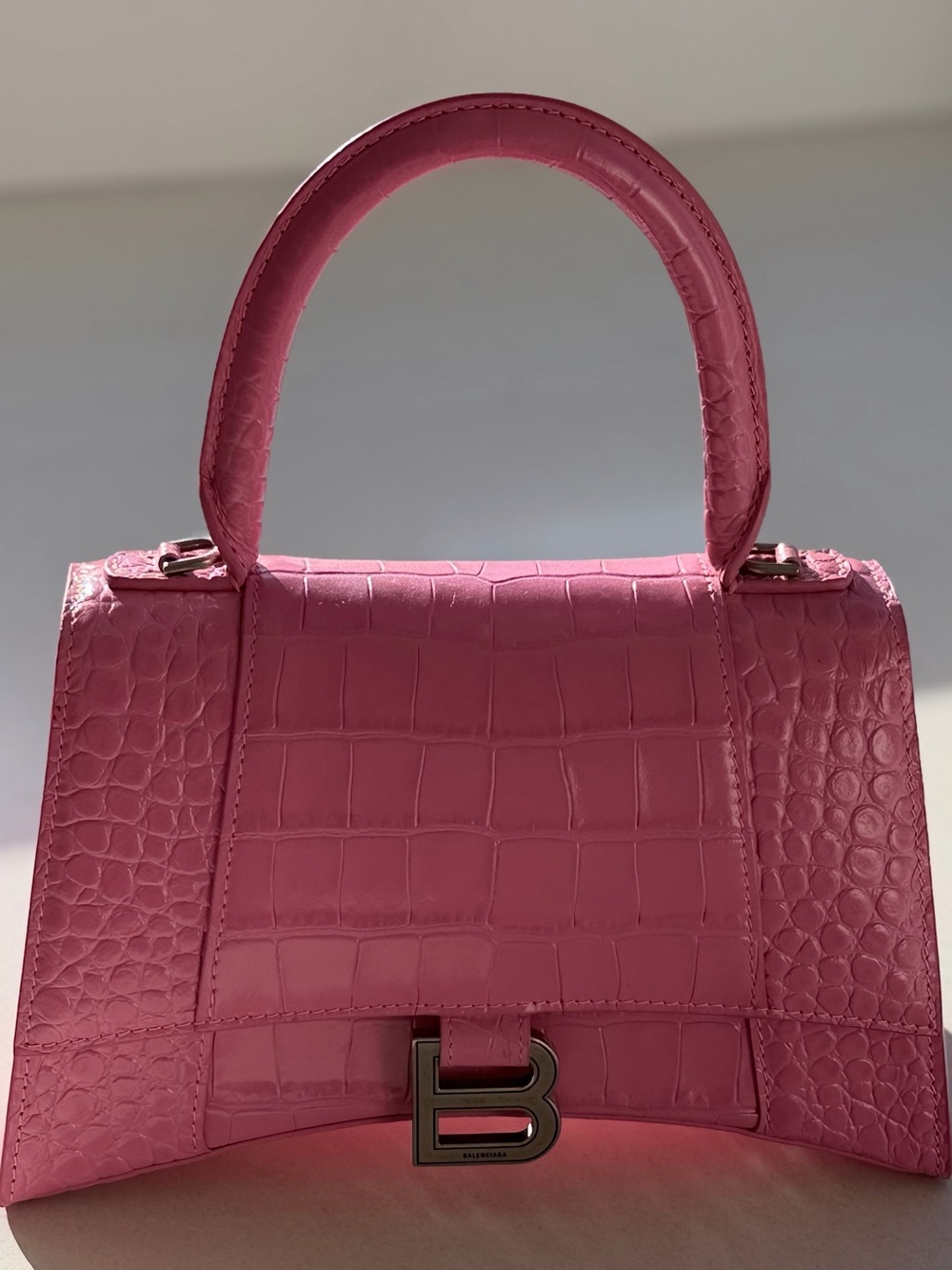 Balenciaga Pink Croc-Embossed Structured Top Handle Bag